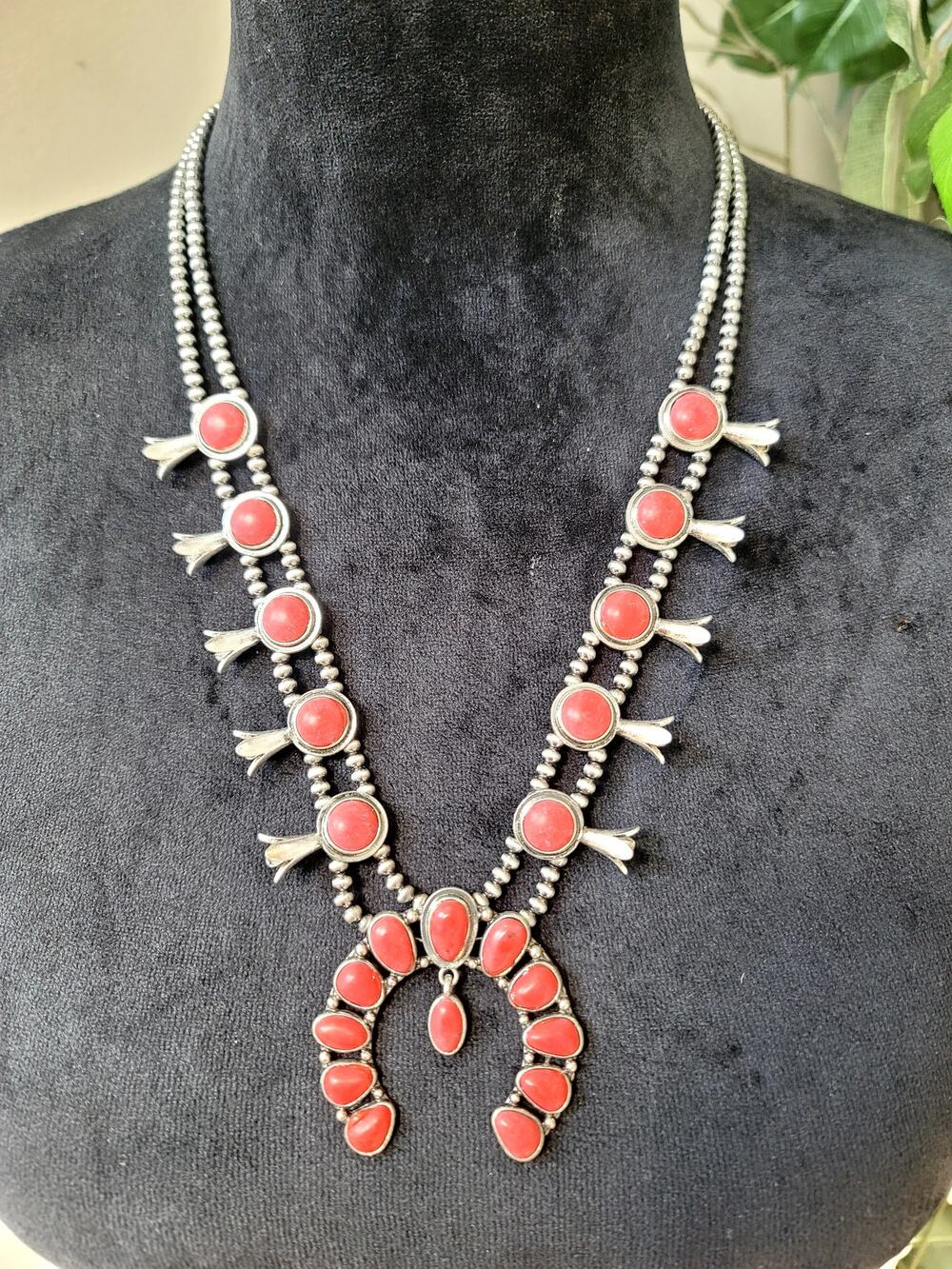 Red Stone Squash Blossom Statement Necklace Silver Tone Southwestern Jewelry